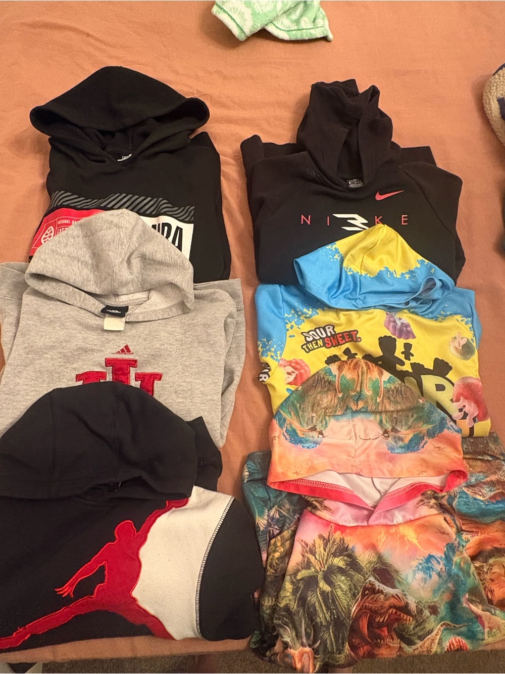 Nike, adidas, sour patch, nike Hoodie, Jordan, dinosaur hoodies 6 lot size large